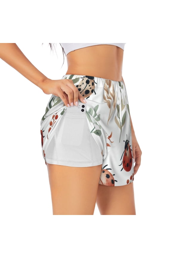 Watercolor Ladybug Printed 2 in 1 Women's Workout Shorts for Athletic Gym Running Shorts with Phone Pockets-Small