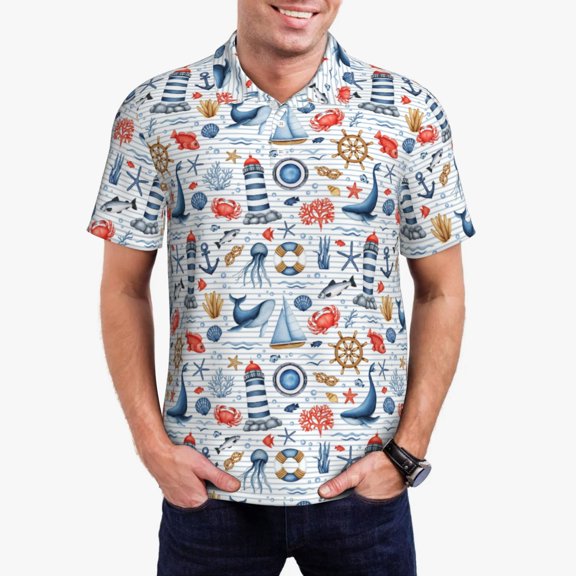 Rateoe Watercolor Nautical Pattern Men's Short Sleeve Polo Shirts, Golf Polo Shirts Short Sleeve Performance Moisture Wicking Dry-4X-Large