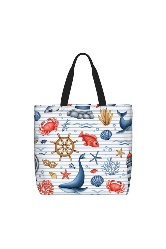 Watercolor Nautical Print Lightweight Tote Bag for Women, Water-Resistant Shoulder Bag with Zipper, Spacious Casual Handbag for Work, School, Shopping