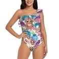 thumbnail image 1 of Rateoe Watercolor Owl Pattern Women One Piece Swimsuits Tummy Control One Shoulder Bathing Suits Ruffle Swimwear-Small, 1 of 6