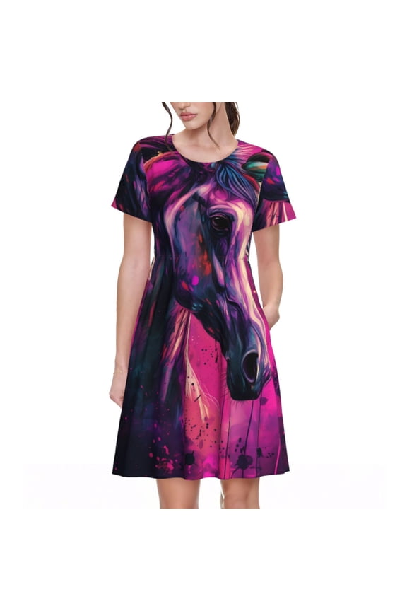 Watercolor Painting White Horse Pattern Women’s Short Sleeve Dress – Casual Elegant Summer A-Line Dress for Everyday Wear