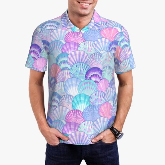 Rateoe Watercolor Sea Shells 1 Pattern Men's Short Sleeve Polo Shirts, Golf Polo Shirts Short Sleeve Performance Moisture Wicking Dry-Large