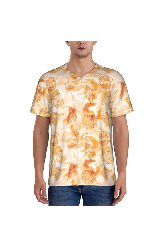 Watercolor Sea Shells Pattern Men’s Baseball Short Sleeve Polo Shirt, Midweight Men's Shirt Golf Shirt Polo Shirts Quick Dry Short-Large