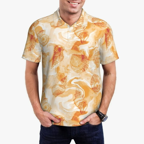 Rateoe Watercolor Sea Shells Pattern Men's Short Sleeve Polo Shirts, Golf Polo Shirts Short Sleeve Performance Moisture Wicking Dry-4X-Large