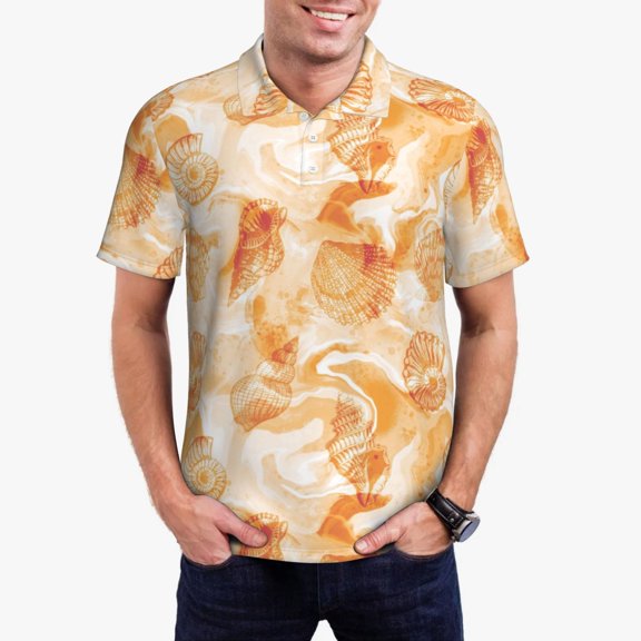 Rateoe Watercolor Sea Shells Pattern Men's Short Sleeve Polo Shirts, Golf Polo Shirts Short Sleeve Performance Moisture Wicking Dry-XX-Large