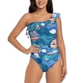 thumbnail image 1 of Rateoe Watercolor Ships Pattern Women One Piece Swimsuits Tummy Control One Shoulder Bathing Suits Ruffle Swimwear-, 1 of 6