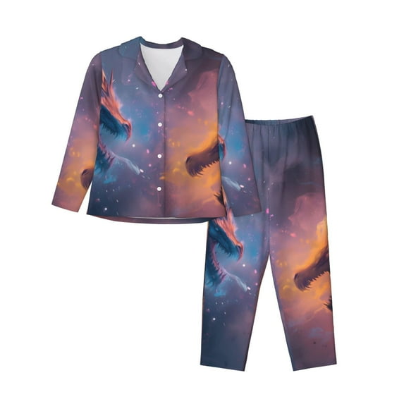 Rateoe Watercolor Sky Dragon Pattern Womens Pajamas Set Long Sleeve Sleepwear Button Down Nightwear Soft Cotton Pj Lounge Sets