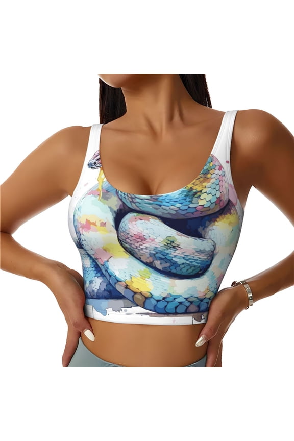 Watercolor Snake Print Womens' Sports Bras Scoop Neck Sports Vest- Padded U Back Seamless High Impact Support-