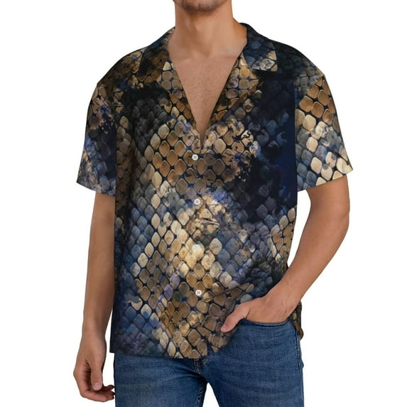 Rateoe Watercolor Snake Skin Print Mens Front Pocket Hawaiian Shirts Casual Shirts Short Sleeve Button Down Beach Tropical Shirts-3X-Large