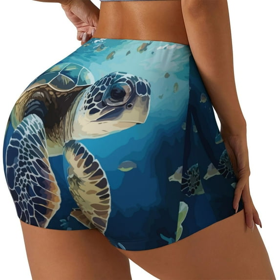 Rateoe Watercolor Turtle Printed Power Workout Shorts for Women Tummy Control Squat Proof Ribbed Thick Seamless Scrunch Active Short-X-Large