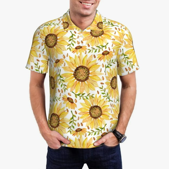 Rateoe Watercolor With Sunflowers Pattern Men's Short Sleeve Polo Shirts, Golf Polo Shirts Short Sleeve Performance Moisture Wicking Dry-Medium