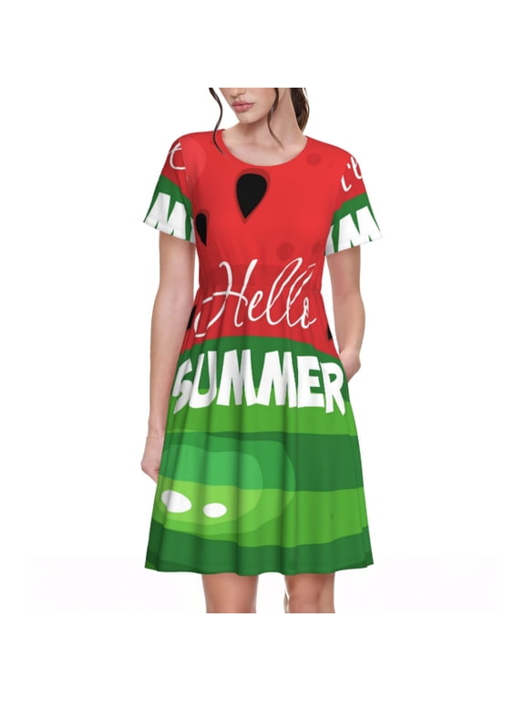 Watermelon Hello Summer Pattern Women’s Short Sleeve Dress – Casual Elegant Summer A-Line Dress for Everyday Wear