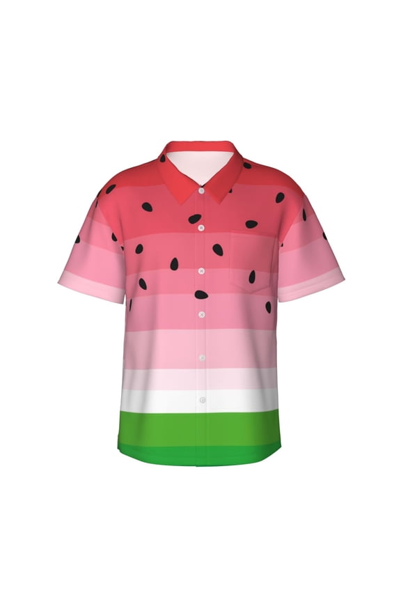 Watermelon Pattern Men’s Hawaiian Shirt – Short Sleeve Button-Down Tropical Beach Shirt, Lightweight & Breathable Casual Aloha Shirt with Pocket,