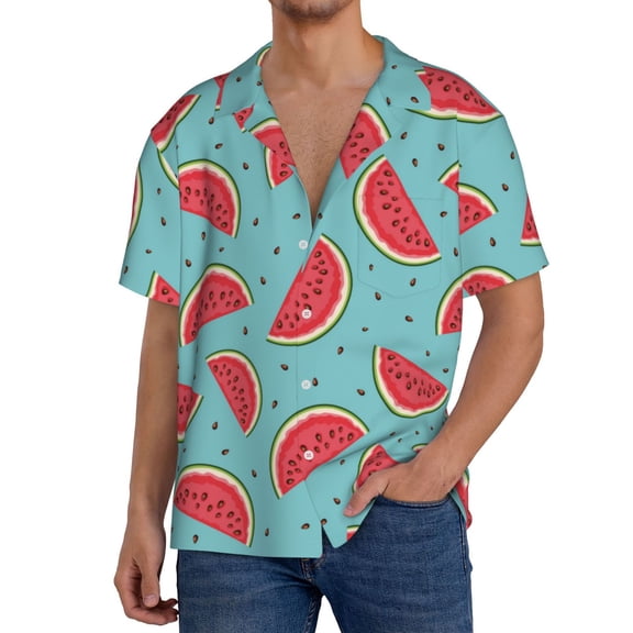 Rateoe Watermelon Pattern Men's Short Sleeve Classic Shirt, Casual Short-Sleeved Shirt, Lightweight Summer Shirt, Cuban Collar Shirt,Button-Front Shirt-4X-Large