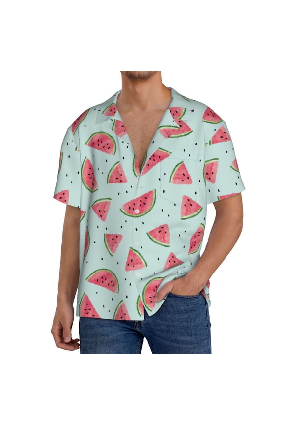 Watermelon Print Mens Front Pocket Hawaiian Shirts Casual Shirts Short Sleeve Button Down Beach Tropical Shirts-Medium