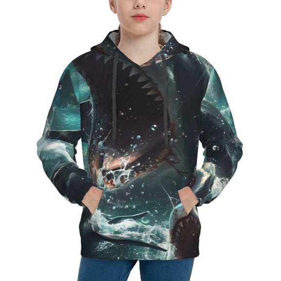 Rateoe Wave Ocean Animal Shark Pattern Boys Hoodie, Youth Pullover Hooded Sweatshirt, Kangaroo Pocket Hoodie for Kids-Medium