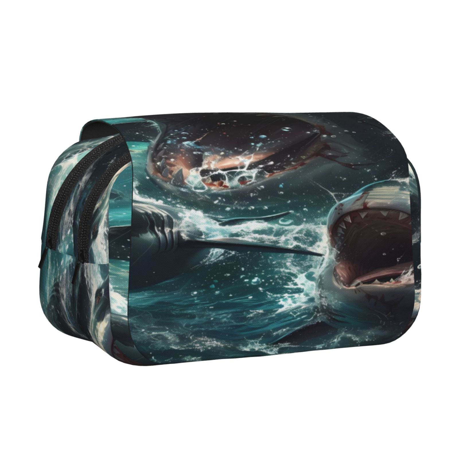 Rateoe Wave Ocean Animal Shark Pattern Double Clamshell Pen Case, Storage Organizer with Two Zipper Compartments– Holds Up to 50 Pencils & Pens