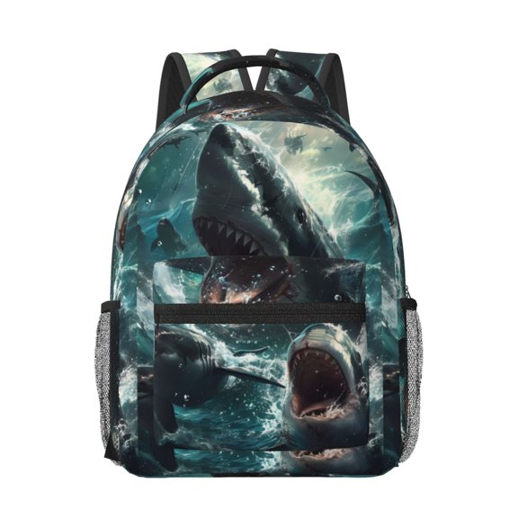 Rateoe Wave Ocean Animal Shark Pattern Durable Student Backpack Laptop Bag- Ergonomic Design, Waterproof Twill Fabric - Ideal for School, Travel, and Outdoor Activities