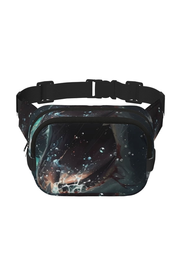 Wave Ocean Animal Shark Print Fanny Pack Belt Bag for Women and Men, Square Double-Layer Waterproof Waist Pack with Adjustable Strap for Hiking, Jogging, Cycling