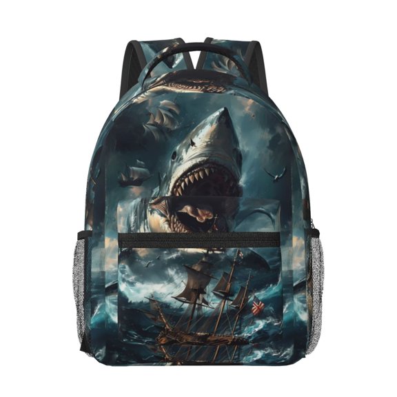 Rateoe Wave Sailboat Shark Pattern Durable Student Backpack Laptop Bag- Ergonomic Design, Waterproof Twill Fabric - Ideal for School, Travel, and Outdoor Activities