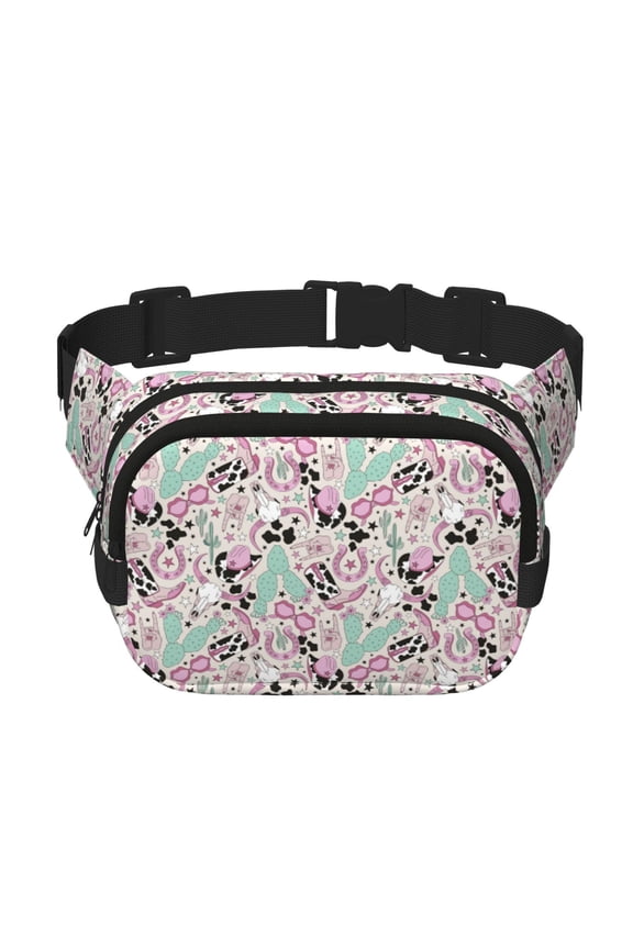 West Cowgirl Disco Print Fanny Pack Belt Bag for Women and Men, Square Double-Layer Waterproof Waist Pack with Adjustable Strap for Hiking, Jogging, Cycling