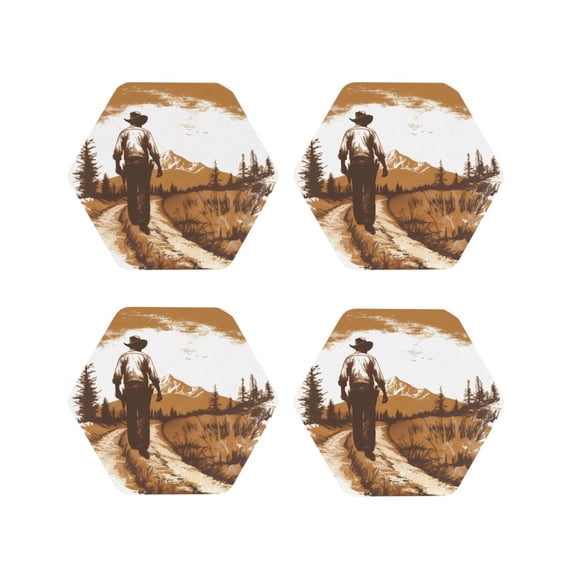 Rateoe Western Cowboy Countryside Drawing Drink Coasters Set of 4 Leather Coasters Spill Protection for Table Desk,Durable and Non Slip Leather Coaster ,4 Inches Drink Mats-Hexagon
