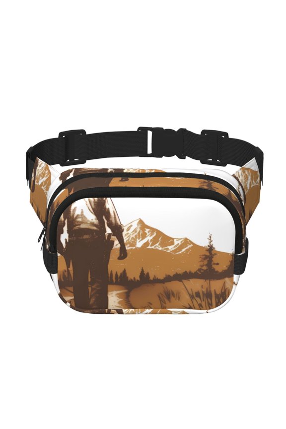 Western Cowboy Countryside Print Fanny Pack Belt Bag for Women and Men, Square Double-Layer Waterproof Waist Pack with Adjustable Strap for Hiking, Jogging, Cycling