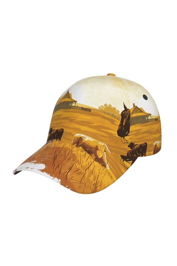 Western Cowboy Ranch Pattern Mens Baseball Cap Adjustable Curved Brim Hat, Soft Cotton Sports Cap for Outdoor, Casual, and Everyday Wear, Comfortable & Breathable