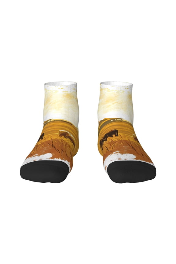 Western Cowboy Ranch Pattern Quarter Crew Socks,Toe Seamed Ankle Socks,Cotton Cushioned Breathable Athletic Crew Sports Socks
