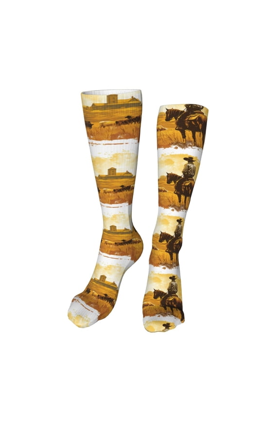 Western Cowboy Ranch print Women's Men's Novelty 20in Crew Socks Cotton Socks Knee High Socks for Walking,Running,Nurses,Pregnancy-One Size