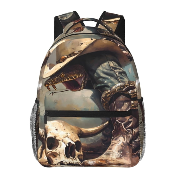 Rateoe Western Cowboy Snake Ram Skull Pattern Casual Backpack for School, Work, Travel Adjustable Straps, Multiple Compartments Ergonomic Design, Fits Laptops and Tablets