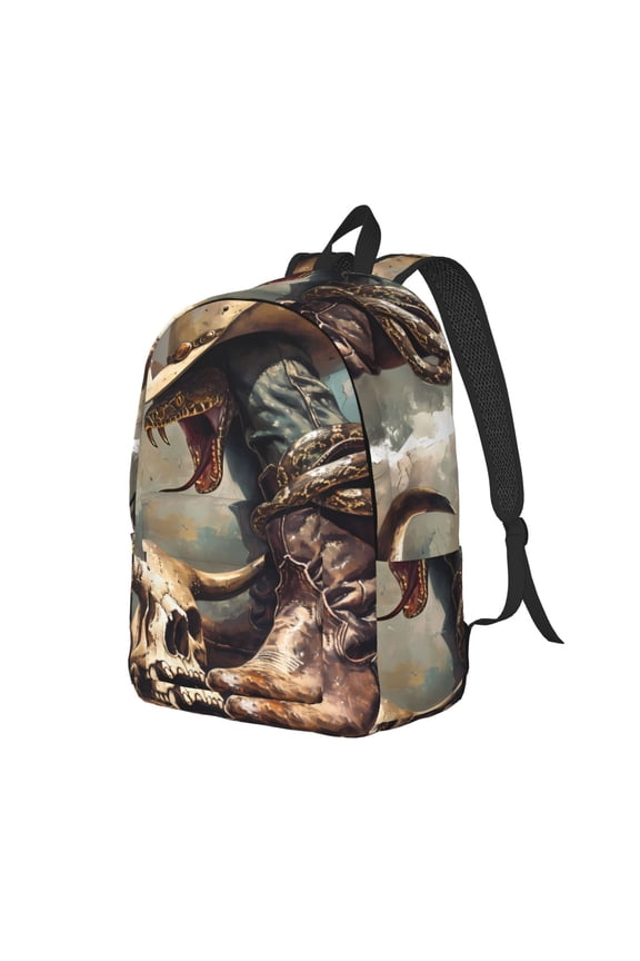 Western Cowboy Snake Ram Skull Pattern Durable Canvas Backpack for Men & Women – Stylish & Lightweight – Adjustable Straps, Multiple Pockets – Fits 15-17 Inch LaptopsSmall