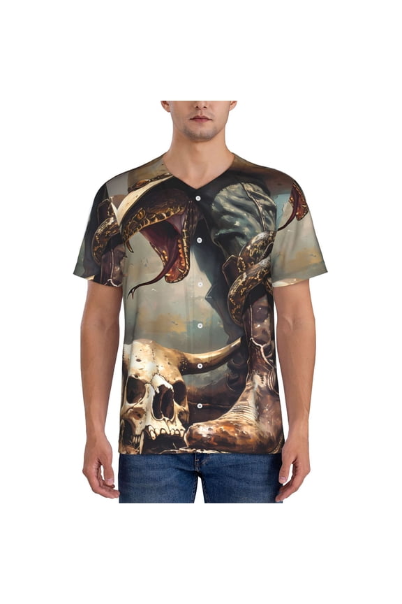 Western Cowboy Snake Ram Skull Pattern Men’s Baseball Short Sleeve Polo Shirt, Midweight Men's Shirt Golf Shirt Polo Shirts Quick Dry Short-XX-Large