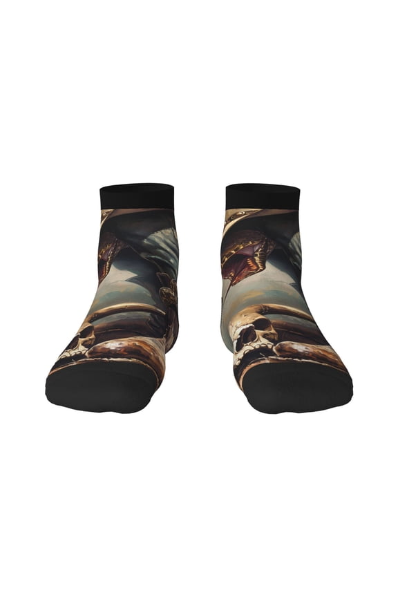 Western Cowboy Snake Ram Skull Pattern Quarter Crew Socks,Toe Seamed Ankle Socks,Cotton Cushioned Breathable Athletic Crew Sports Socks