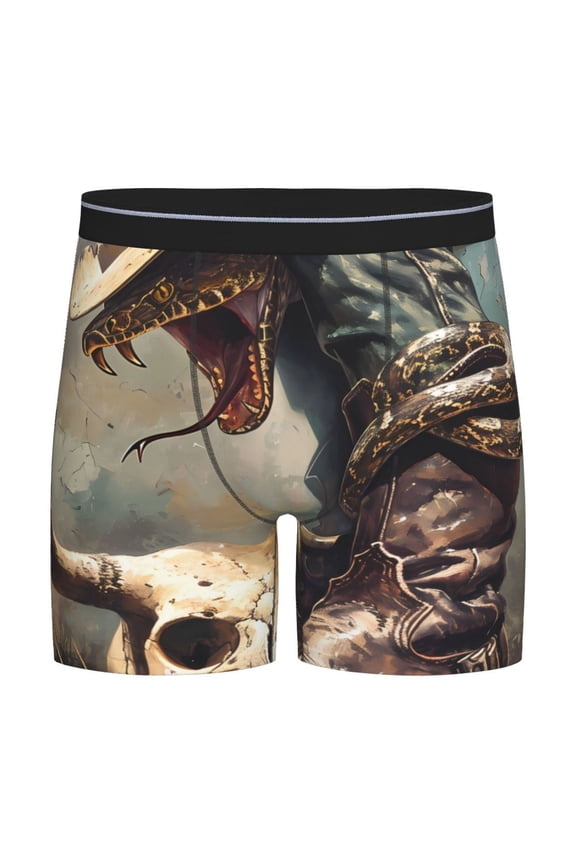 Western Cowboy Snake Ram Skull Print Men’s Underwear Boxer Briefs Soft Comfortable Underwear Boxer Briefs, Long Leg Briefs,Anti-chafing Boxer Briefs