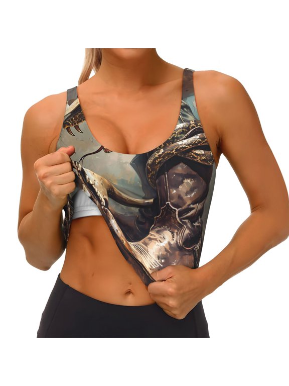 Western Cowboy Snake Ram Skull Print Womens' Sports Bras Scoop Neck Sports Vest- Padded U Back Seamless High Impact Support