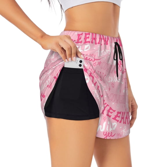 Rateoe Western Cowgirl Printed 2 in 1 Women's Workout Shorts for Athletic Gym Running Shorts with Phone Pockets-Large