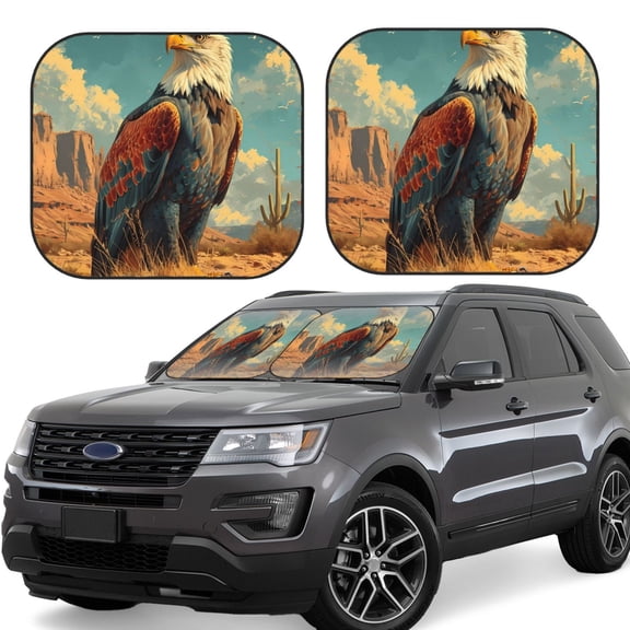Rateoe Western Desert Cactus Bald Eagle Pattern 2 Piece Car Windshield Sun Shade Foldable | Front Windshield Shade for Sun, Heat and UV Rays | Sunshade for Car Front Window-Small
