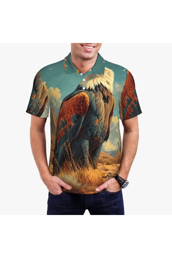 Western Desert Cactus Bald Eagle Pattern Men's Short Sleeve Polo Shirts, Golf Polo Shirts Short Sleeve Performance Moisture Wicking Dry-Small