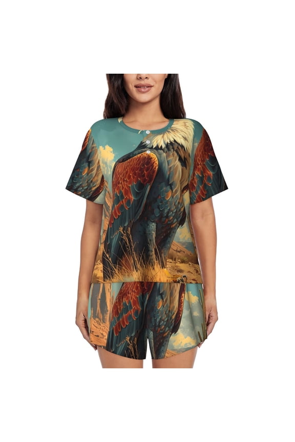 Western Desert Cactus Bald Eagle Pattern Women's Short-Sleeved Pajama Set - 2 Piece Soft and Lightweight Sleepwear Set-Small