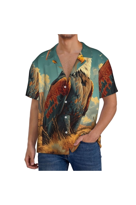 Western Desert Cactus Bald Eagle Print Mens Front Pocket Hawaiian Shirts Casual Shirts Short Sleeve Button Down Beach Tropical Shirts-XX-Large