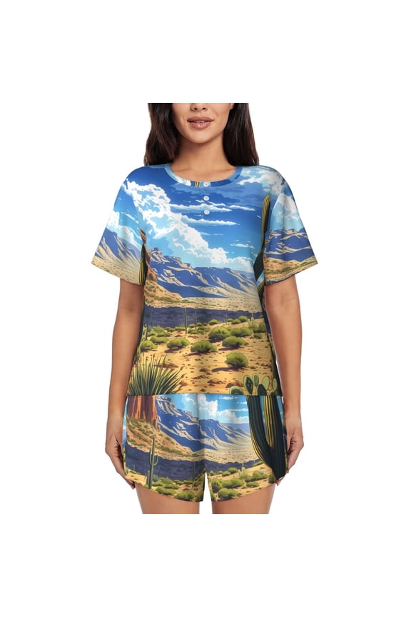 Western Desert Cactus Pattern Women's Short-Sleeved Pajama Set - 2 Piece Soft and Lightweight Sleepwear Set-Large