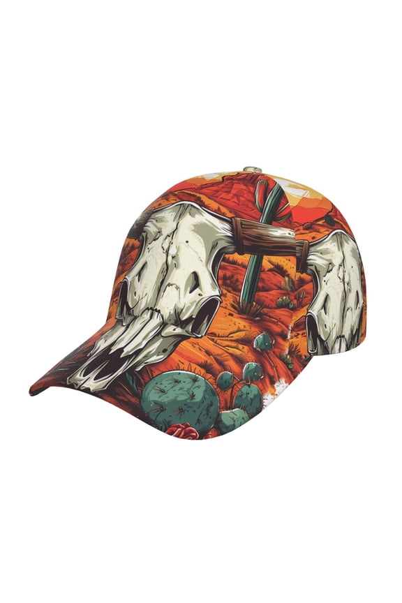 Western Desert Cactus Ram Skull Pattern Baseball Cap Outdoor Cap Mountain Dad Hat - Unstructured Soft Cotton Cap-Adjustable UV Protection Cap