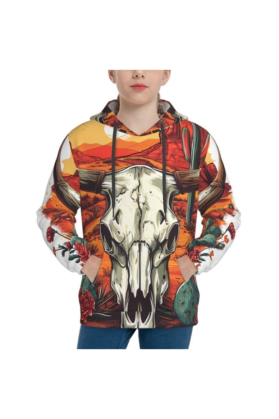 Western Desert Cactus Ram Skull Pattern Boys Hoodie, Youth Pullover Hooded Sweatshirt, Kangaroo Pocket Hoodie for Kids-Large