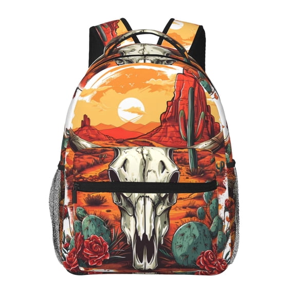 Rateoe Western Desert Cactus Ram Skull Pattern Casual Backpack for School, Work, Travel Adjustable Straps, Multiple Compartments Ergonomic Design, Fits Laptops and Tablets