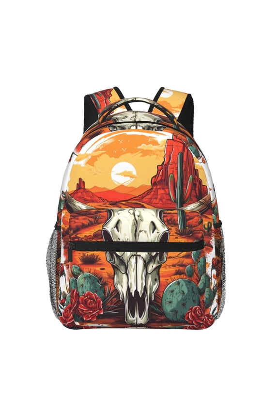 Western Desert Cactus Ram Skull Pattern Casual Backpack for School, Work, Travel Adjustable Straps, Multiple Compartments Ergonomic Design, Fits Laptops and Tablets