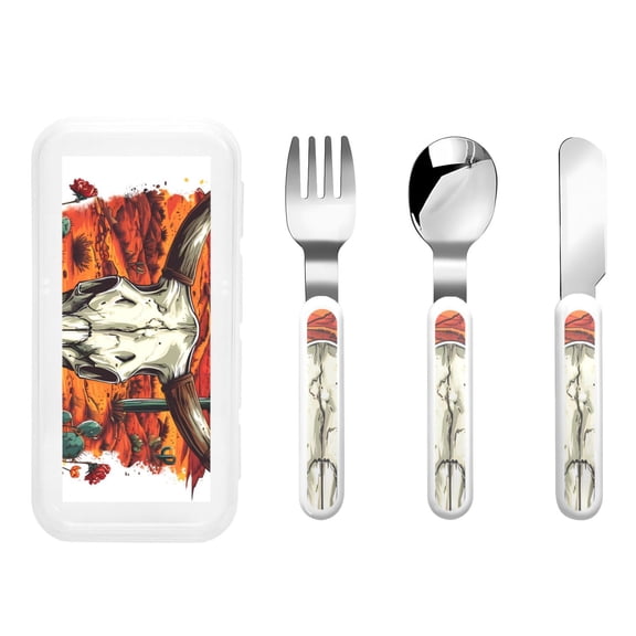 Rateoe Western Desert Cactus Ram Skull for Stainless Steel Kids Silverware Set - Child and Toddler Safe Flatware - Children's Knife, Fork And Spoon Set