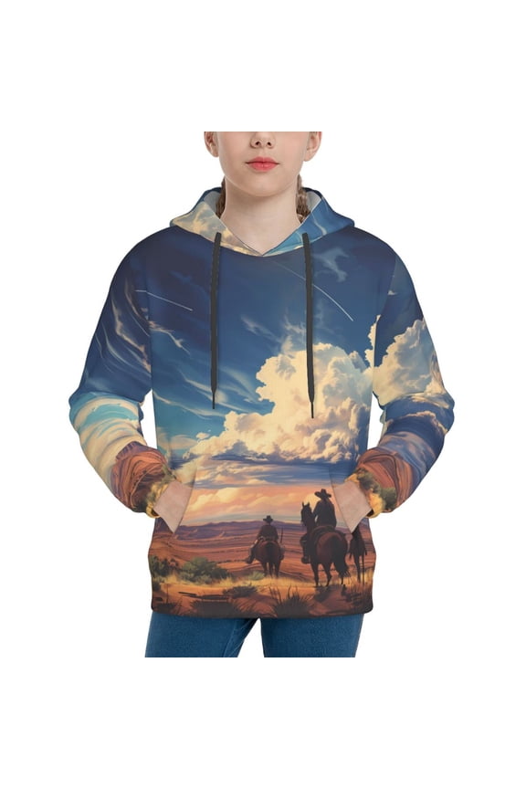 Western Desert Cloud Cowboy Pattern Boys Hoodie, Youth Pullover Hooded Sweatshirt, Kangaroo Pocket Hoodie for Kids-X-Large