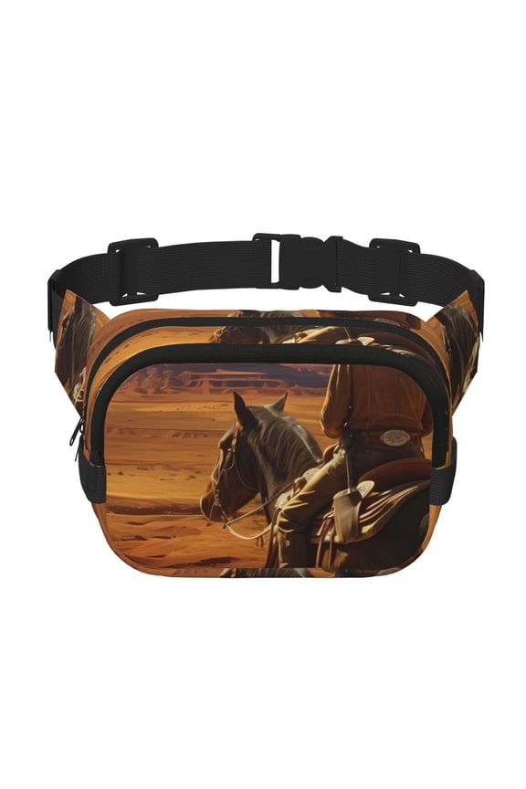 Western Desert Cowboy Cloud Print Fanny Pack Belt Bag for Women and Men, Square Double-Layer Waterproof Waist Pack with Adjustable Strap for Hiking, Jogging, Cycling