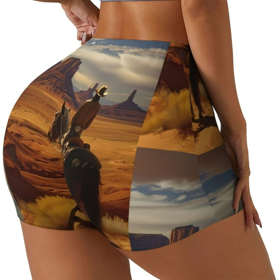 Rateoe Western Desert Cowboy Cloud Printed Power Workout Shorts for Women Tummy Control Squat Proof Ribbed Thick Seamless Scrunch Active Short-Medium